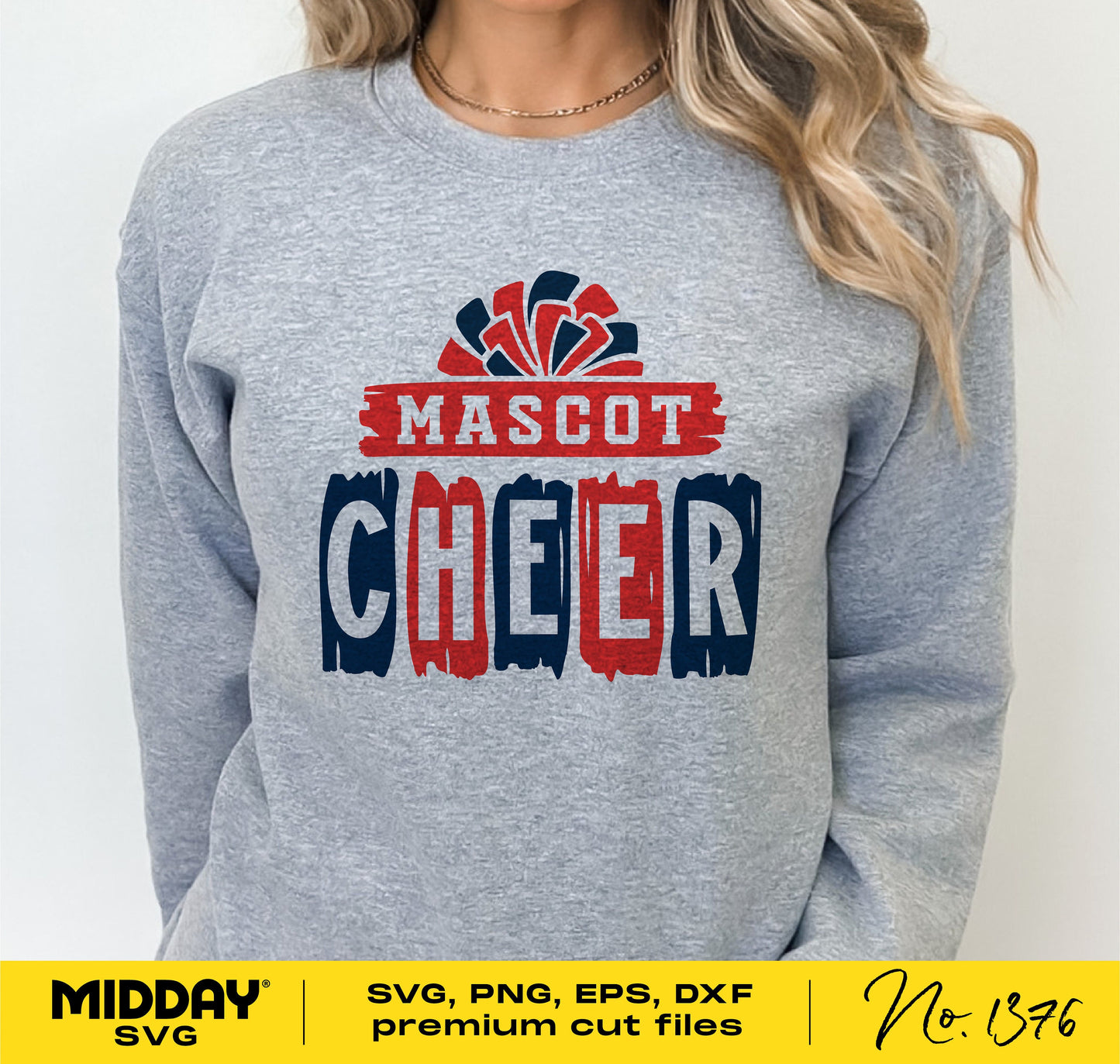 Gray cheerleading shirt with 'Mascot Cheer' design, includes SVG, PNG, EPS, DXF cut files from Midday SVG, product number 1376.