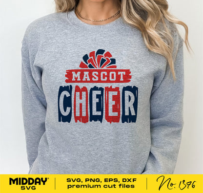 Gray cheerleading shirt with 'Mascot Cheer' design, includes SVG, PNG, EPS, DXF cut files from Midday SVG, product number 1376.