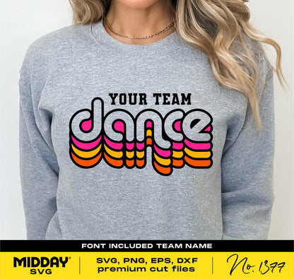 Woman wearing gray sweatshirt with vibrant retro dance team design, ideal for DIY Dance Mom shirts and Cricut projects.
