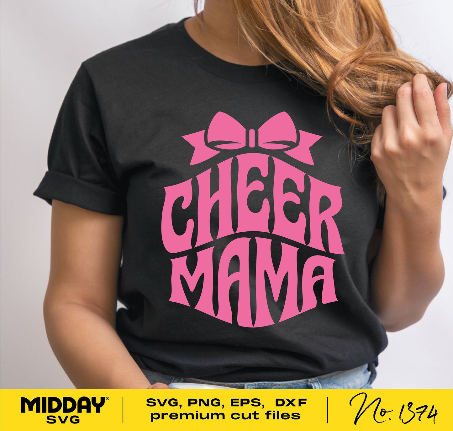 Black t-shirt with pink "Cheer Mama" design, perfect for cheer moms, compatible with Cricut and Silhouette, comes in SVG and PNG formats.