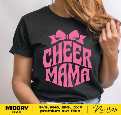 Black t-shirt with pink "Cheer Mama" design, perfect for cheer moms, compatible with Cricut and Silhouette, comes in SVG and PNG formats.