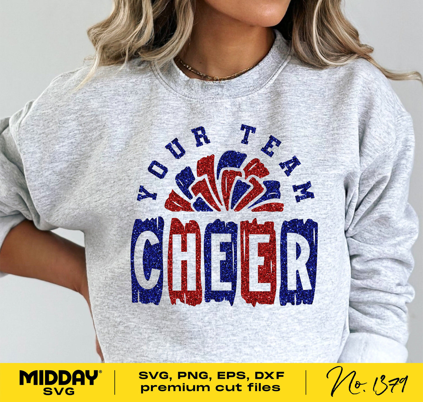 Gray sweatshirt with 'Your Team Cheer' design in red, blue, and white, featuring sporty font and graphics for cheer team spirit.