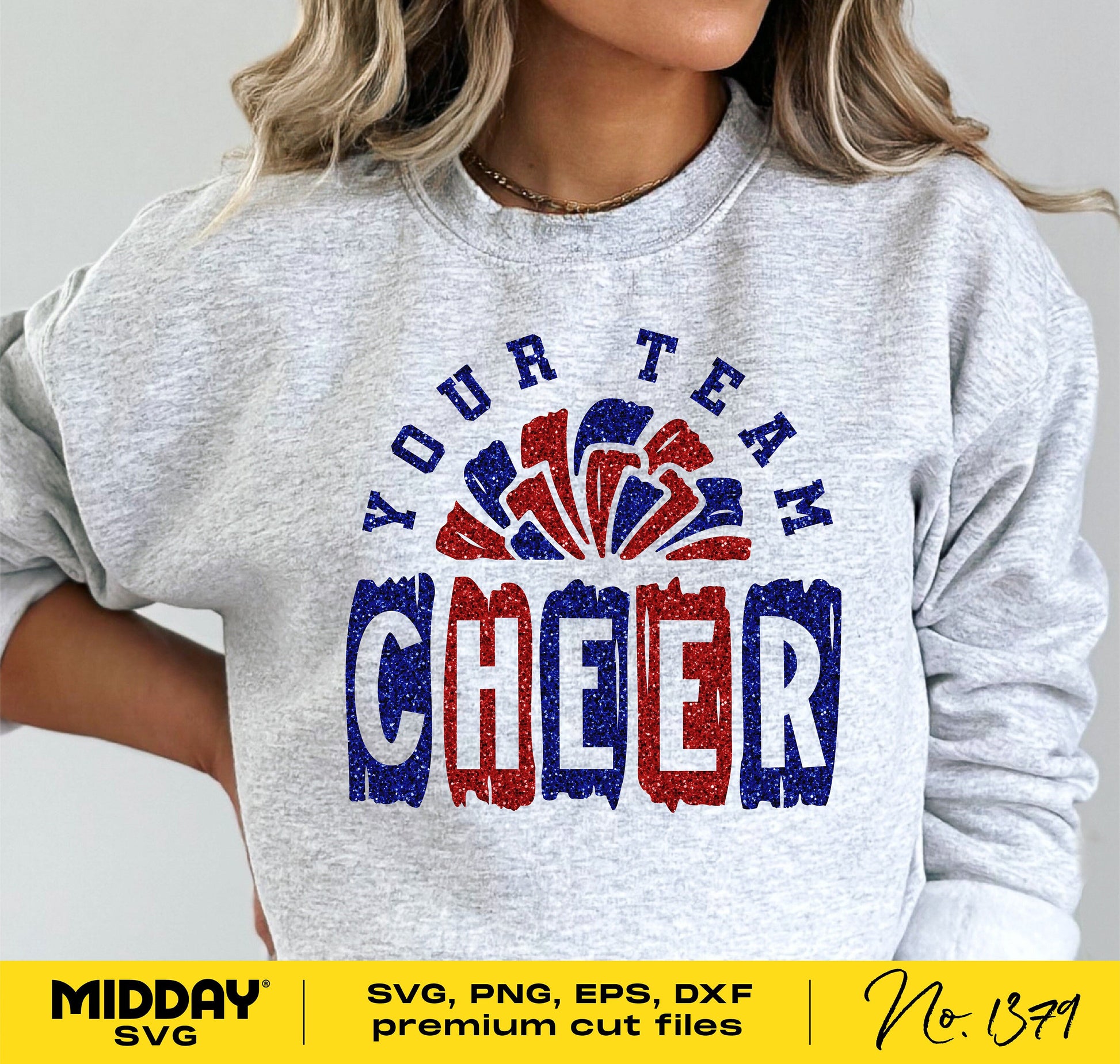 Gray sweatshirt with 'Your Team Cheer' design in red, blue, and white, featuring sporty font and graphics for cheer team spirit.