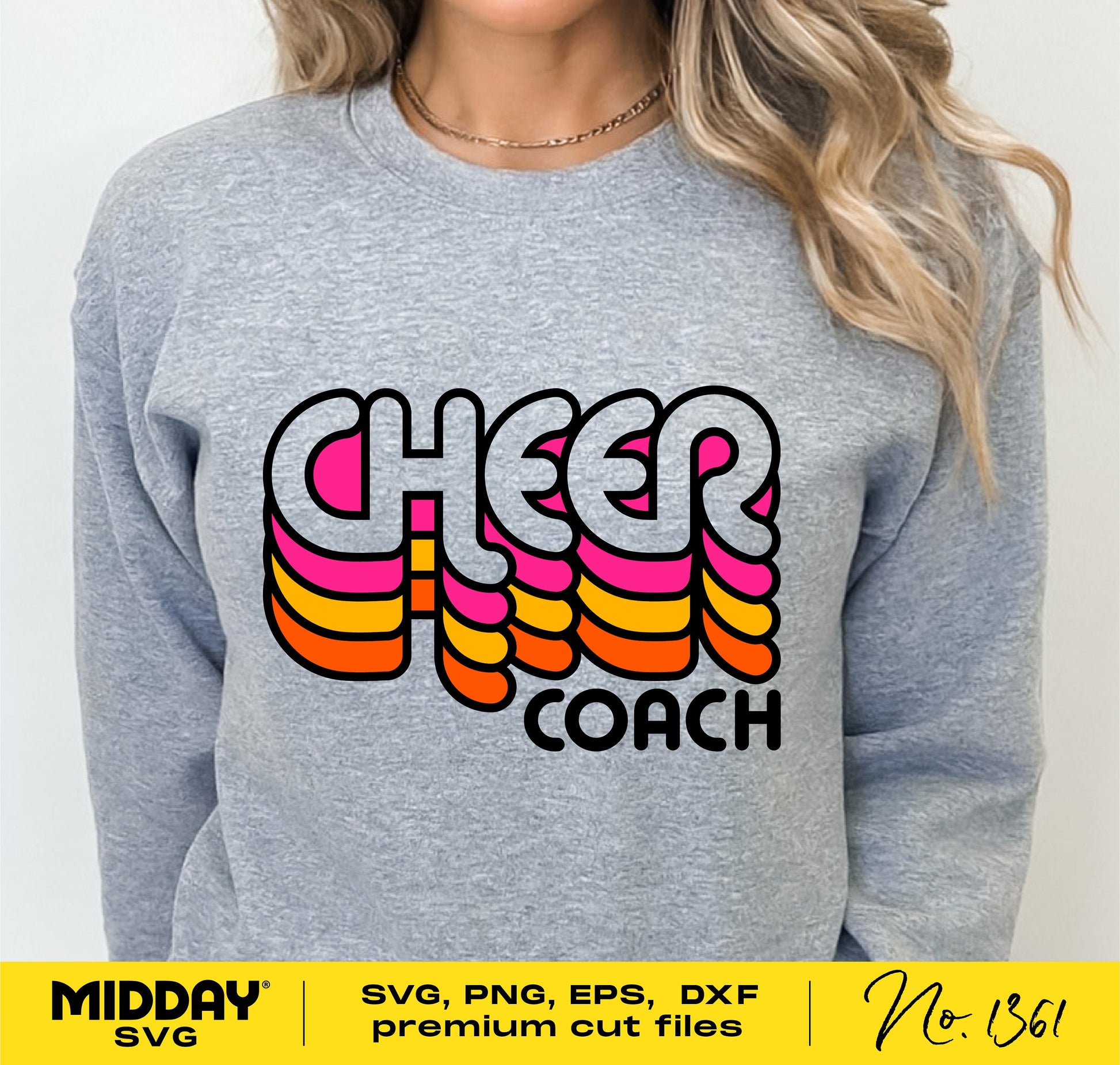 Gray sweatshirt with colorful 'Cheer Coach' design in SVG, PNG, EPS, DXF formats, available for Cricut and sublimation projects.