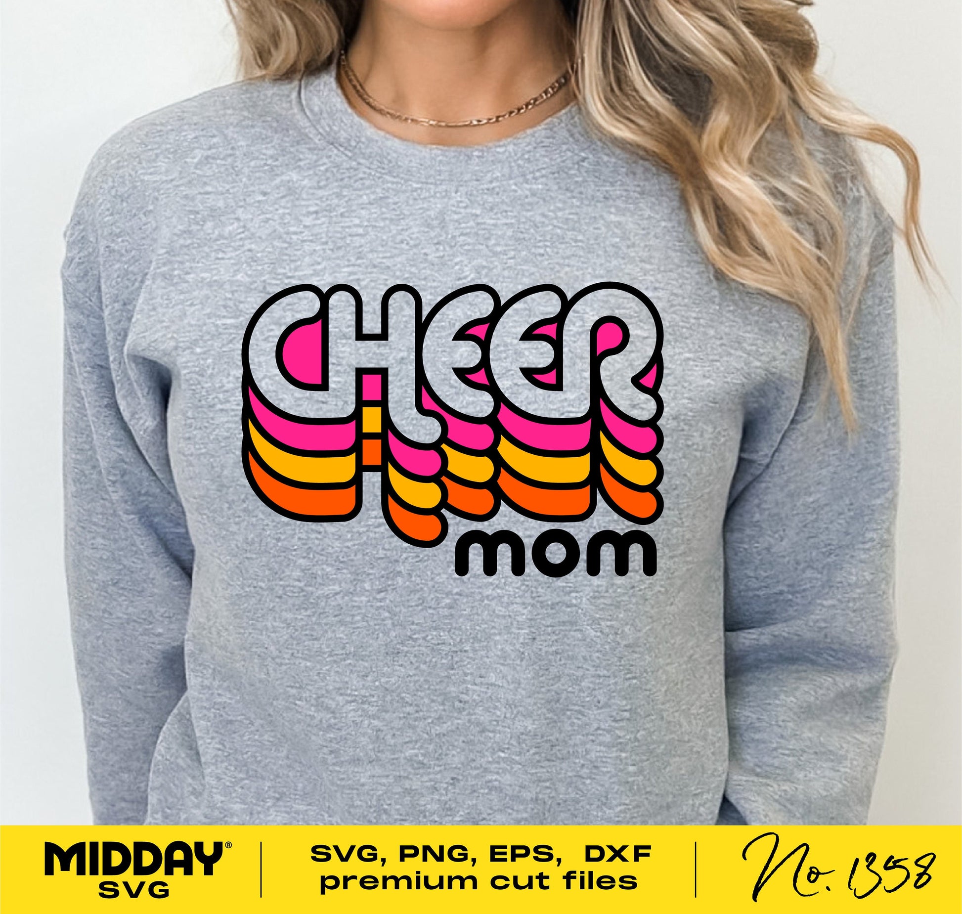Retro cheer mom design on a gray sweatshirt, available in SVG, PNG, EPS, and DXF formats for Cricut and Silhouette.