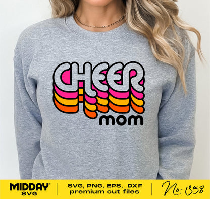 Retro cheer mom design on a gray sweatshirt, available in SVG, PNG, EPS, and DXF formats for Cricut and Silhouette.