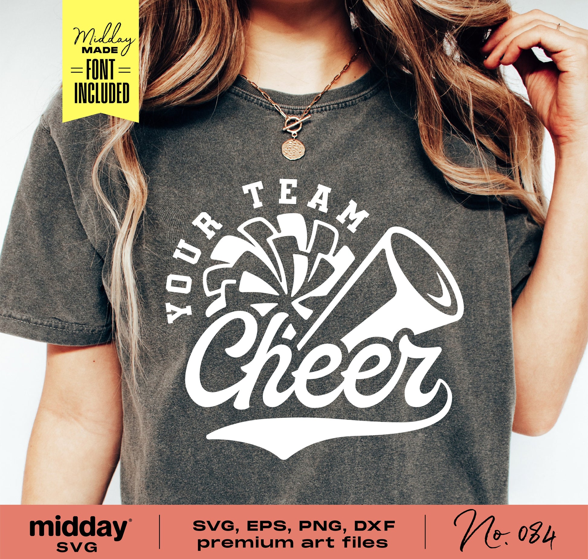 Woman wearing a t-shirt with "Cheer" design for SVG, EPS, PNG, DXF cheerleading cut files, font installation included.