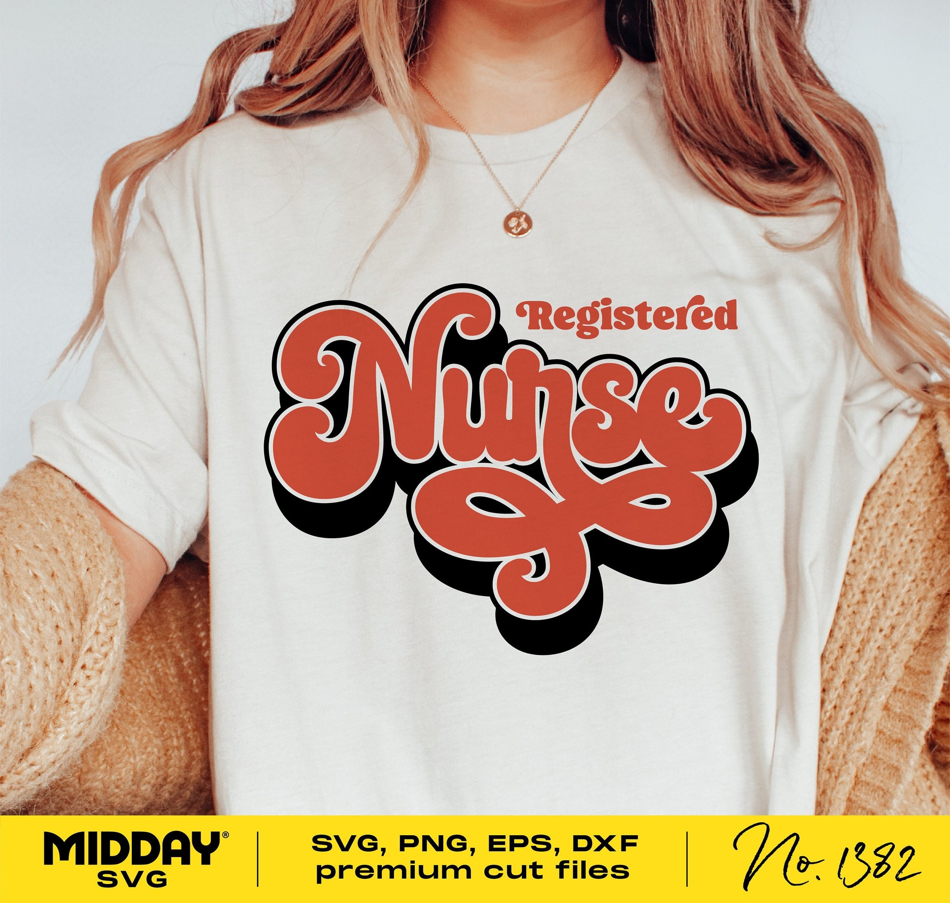 Woman wearing a shirt featuring 'Registered Nurse' word art with retro style, suitable for Cricut and Silhouette projects.