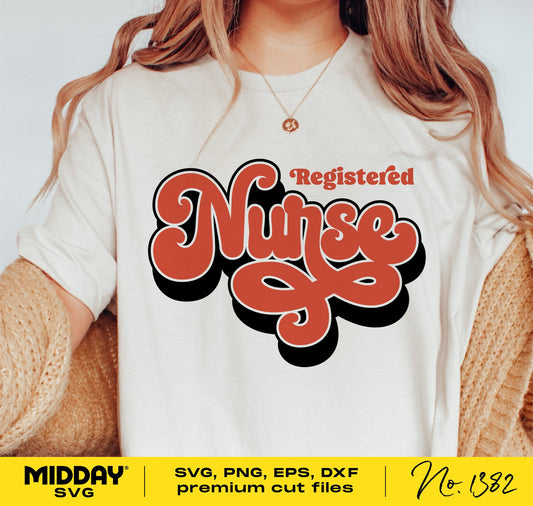 Woman wearing a shirt featuring 'Registered Nurse' word art with retro style, suitable for Cricut and Silhouette projects.