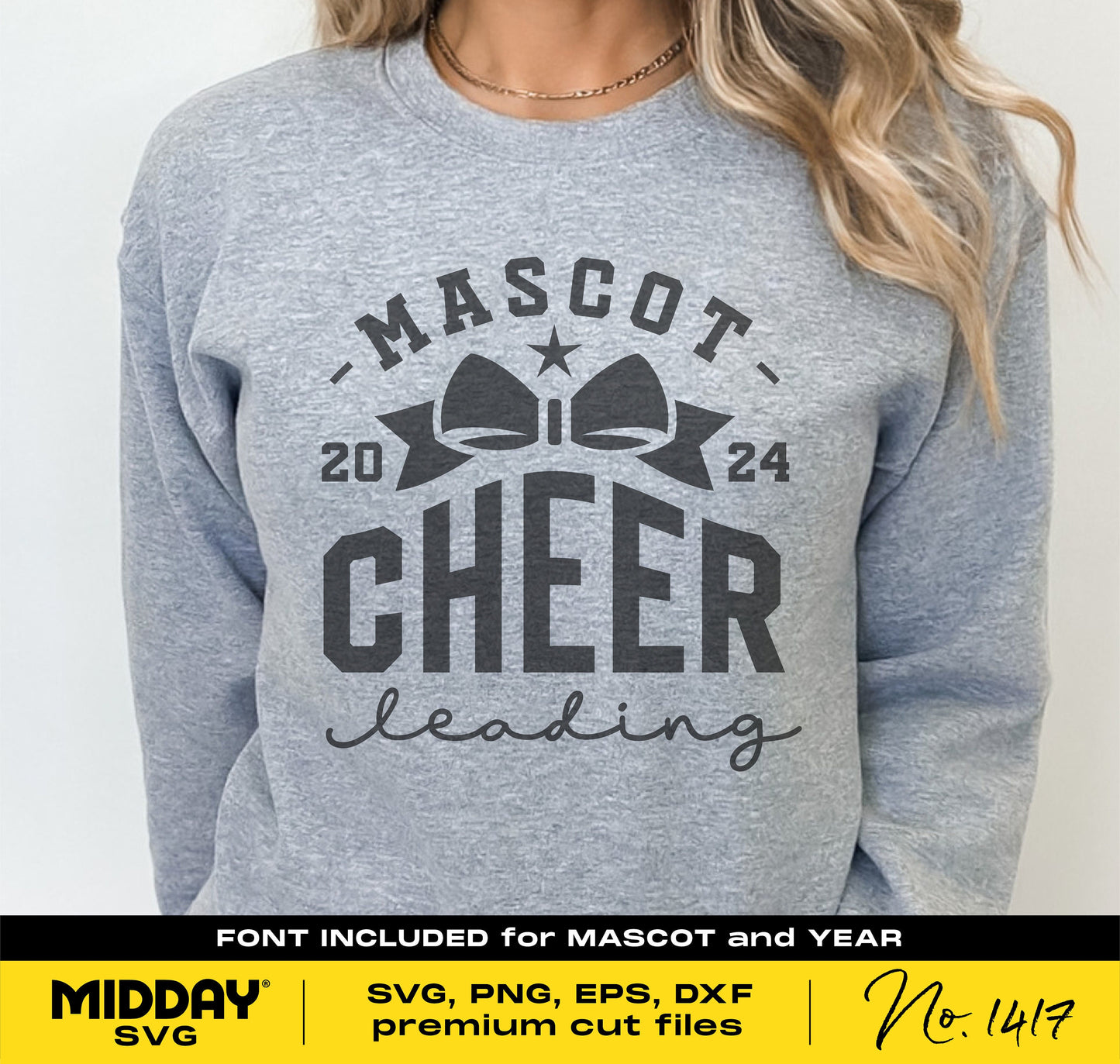 Gray sweatshirt featuring cheerleading design with 'Mascot 2024 Cheer' and a bow graphic. Includes font for customization.
