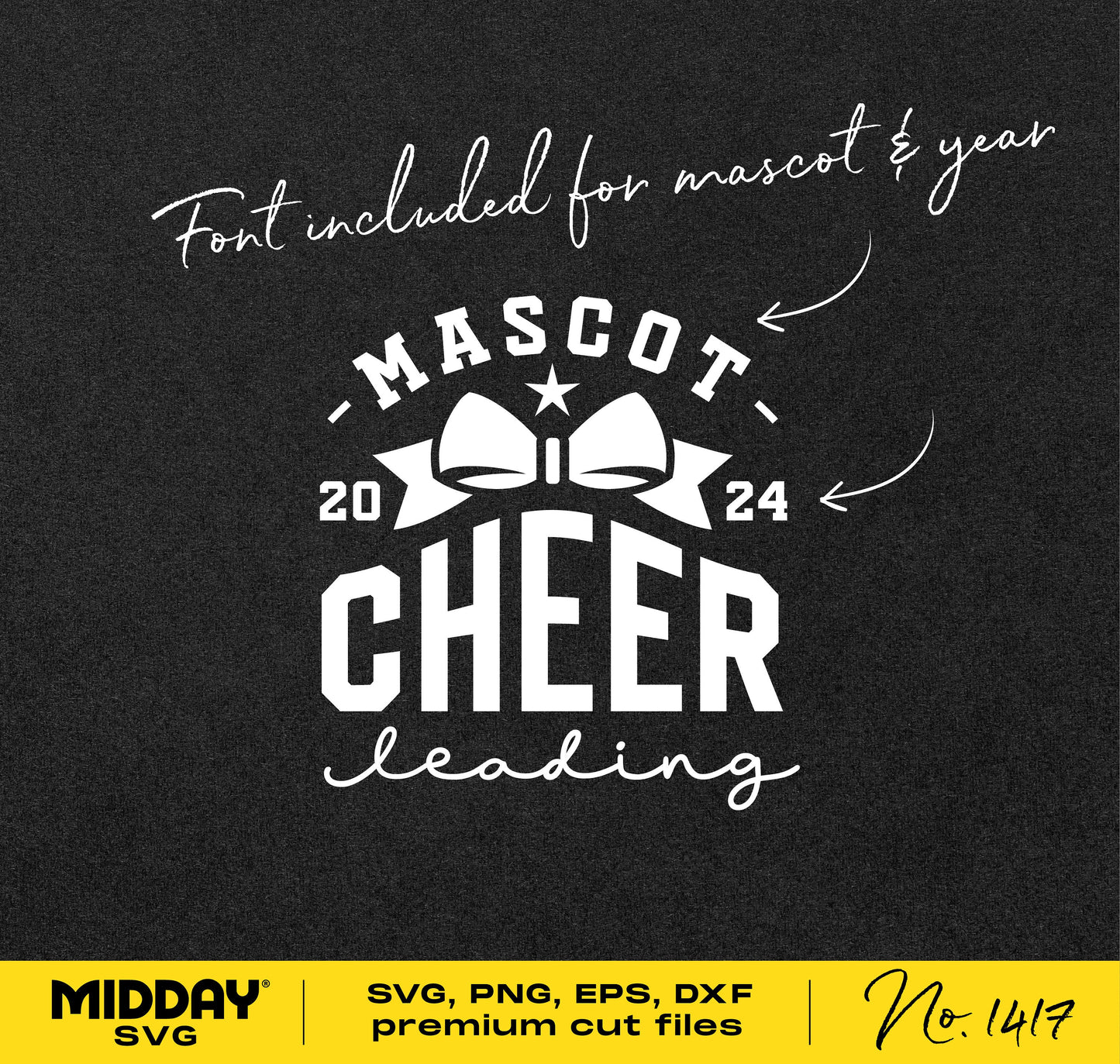 Cheerleading bow design template with mascot and year, available in SVG, PNG, EPS, DXF formats for DIY Cricut projects. Font included.