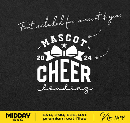 Cheerleading bow design template with mascot and year, available in SVG, PNG, EPS, DXF formats for DIY Cricut projects. Font included.