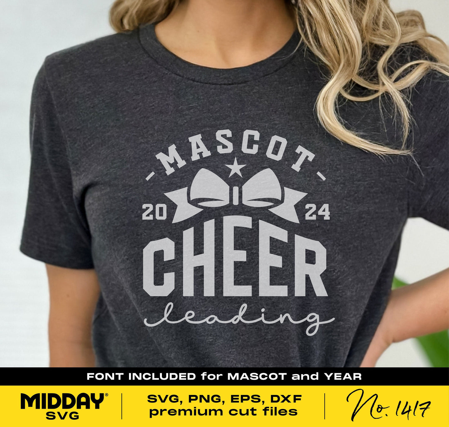 Cheerleading shirt with bow design and customizable SVG template for Cricut, featuring mascot and year.