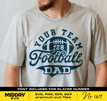 Man wearing a gray t-shirt with 'Your Team Football Dad #28' design, available in SVG, PNG, EPS, DXF formats from Midday SVG.
