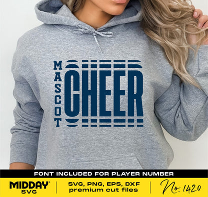 Gray hoodie with 'Mascot Cheer' design, perfect for cheerleading fans. Includes font for customization using SVG, PNG, EPS, DXF files.