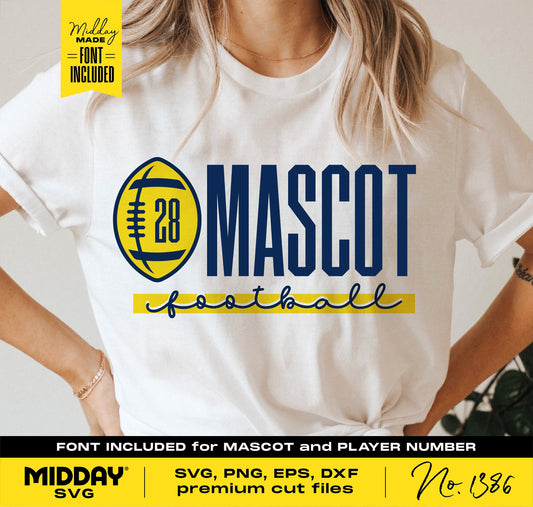 White T-shirt featuring customizable football team logo and text design, includes SVG, PNG, EPS, DXF files for DIY projects.