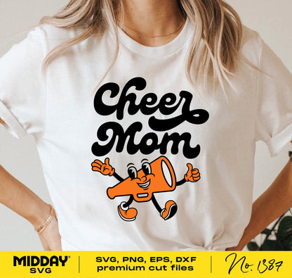 White t-shirt with 'Cheer Mom' design featuring a cheerful megaphone graphic, available as SVG, PNG, EPS, DXF files for Cricut and Silhouette.