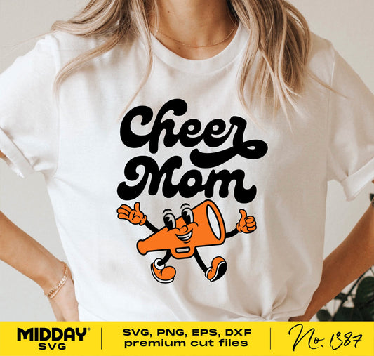 White t-shirt with 'Cheer Mom' design featuring a cheerful megaphone graphic, available as SVG, PNG, EPS, DXF files for Cricut and Silhouette.