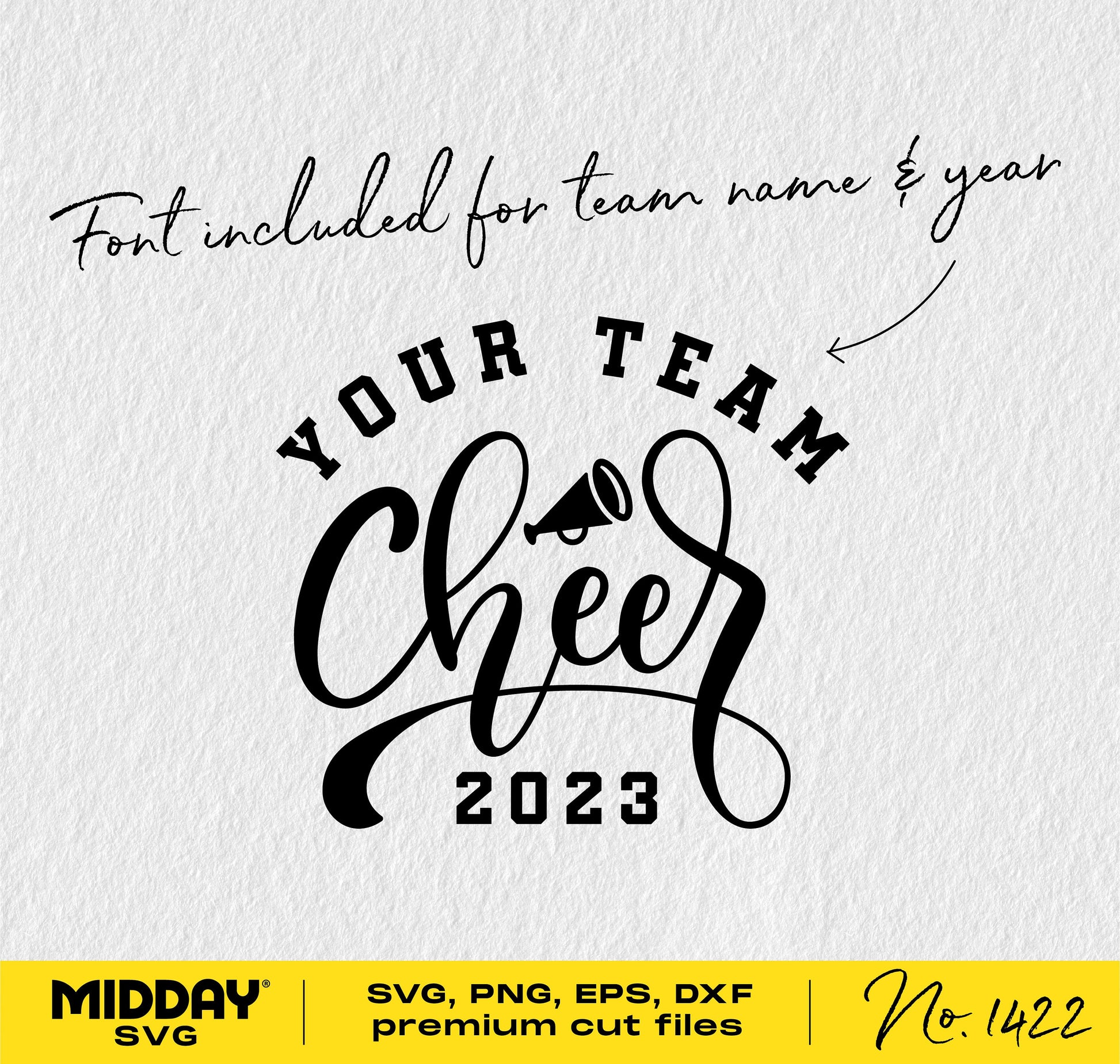 Cheer Team SVG design with customizable font and megaphone graphic, perfect for shirts and crafts, includes year 2023 template.