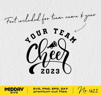 Cheer Team SVG design with customizable font and megaphone graphic, perfect for shirts and crafts, includes year 2023 template.