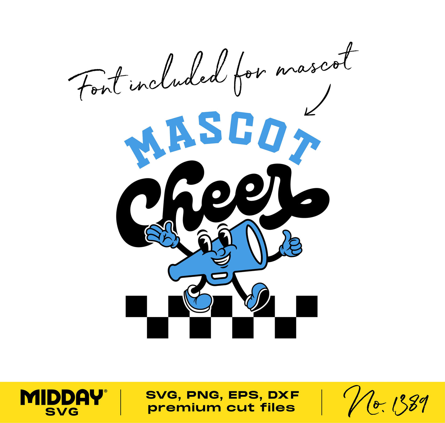 Cheer svg file with megaphone mascot and included font for DIY cheerleading designs, ideal for Cricut, Silhouette, and team shirts.