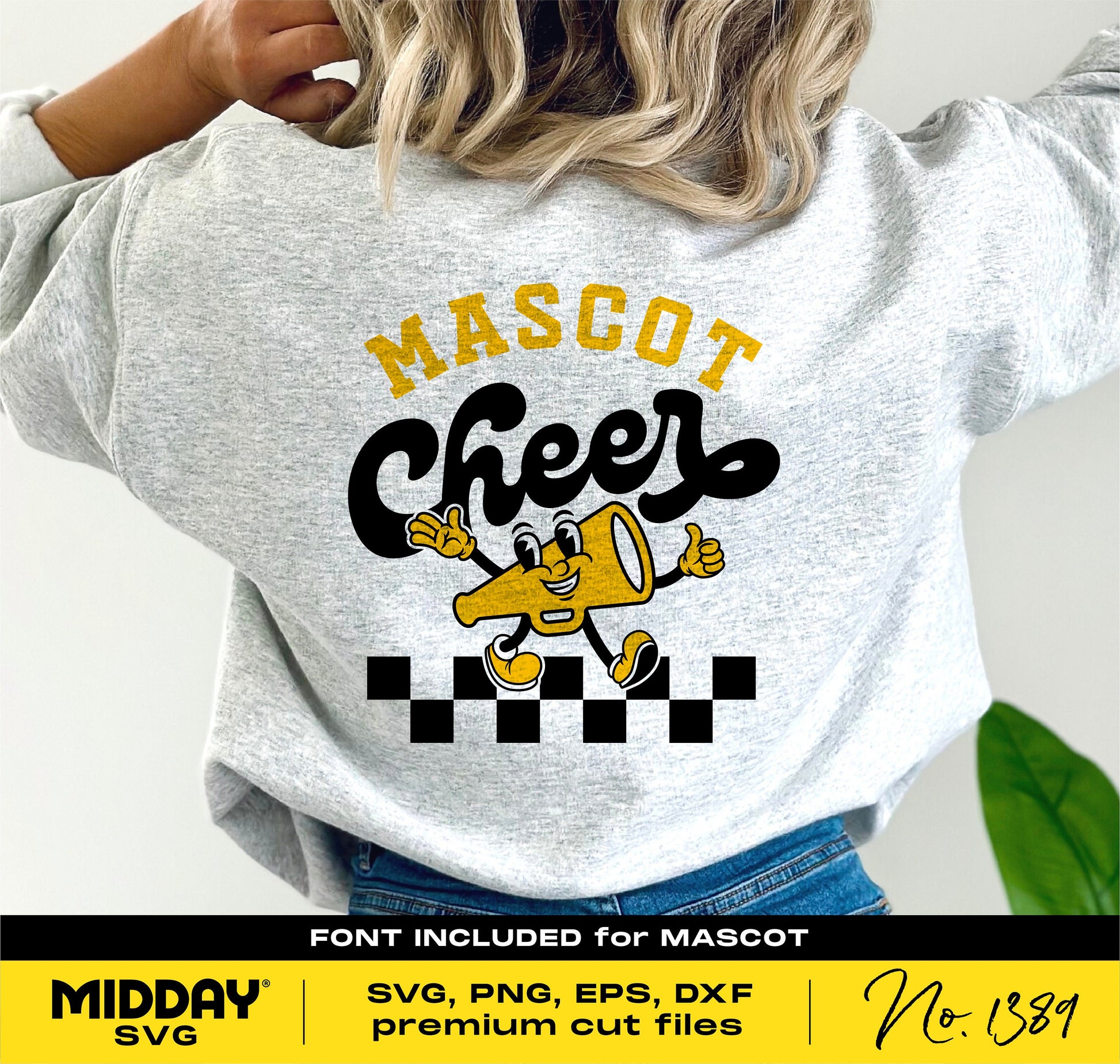 Cheerleader shirt featuring megaphone mascot design, DIY SVG, PNG, DXF, EPS files for Cricut and Silhouette with included font.