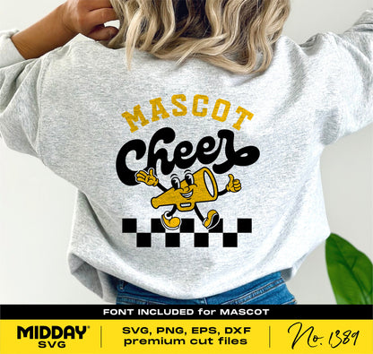 Cheerleader shirt featuring megaphone mascot design, DIY SVG, PNG, DXF, EPS files for Cricut and Silhouette with included font.