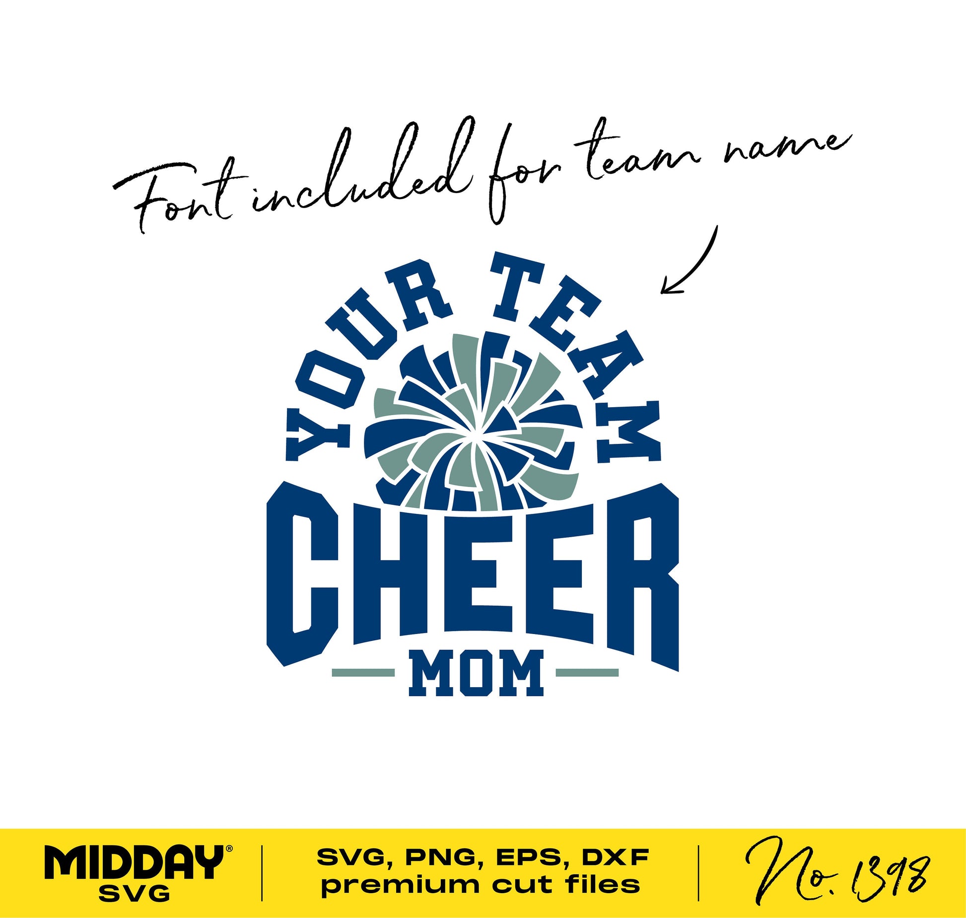 Cheer Mom shirt design SVG with pom pom graphic and customizable team name font. Perfect for Cricut and Silhouette users.