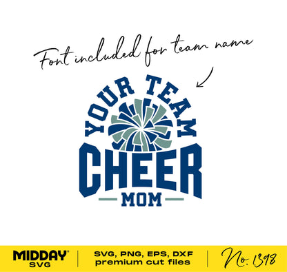 Cheer Mom shirt design SVG with pom pom graphic and customizable team name font. Perfect for Cricut and Silhouette users.
