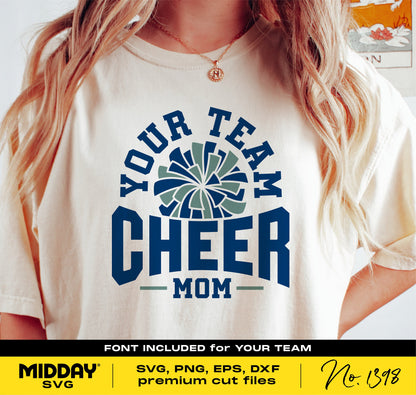 Cheer Mom shirt design featuring SVG, PNG, EPS, DXF cut files with pom pom graphic, ideal for Cricut and Silhouette projects.
