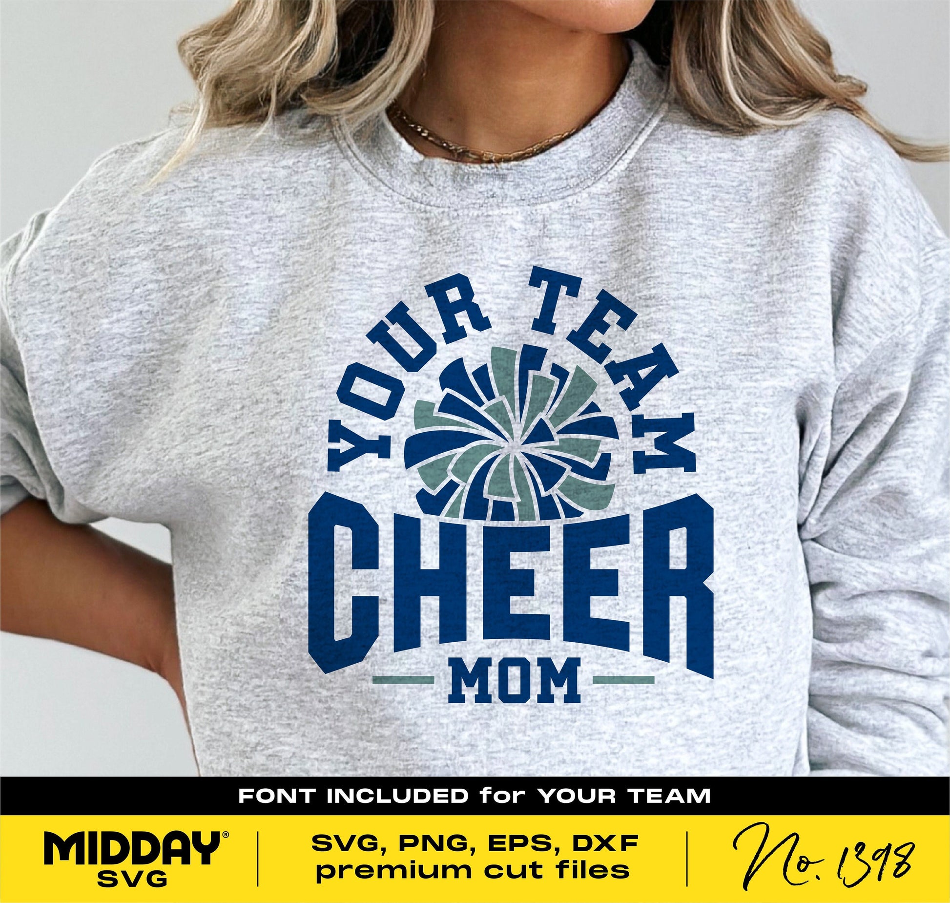 Cheer Mom sweatshirt design featuring pom pom graphic and 'Your Team Cheer Mom' text, ideal for Cricut and Silhouette projects.