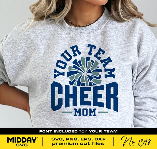 Cheer Mom sweatshirt design featuring pom pom graphic and 'Your Team Cheer Mom' text, ideal for Cricut and Silhouette projects.