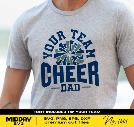 Close-up of a gray t-shirt with 'Your Team Cheer Dad' text and pom pom graphic, suitable for cheerleading-themed Cricut and Silhouette projects.