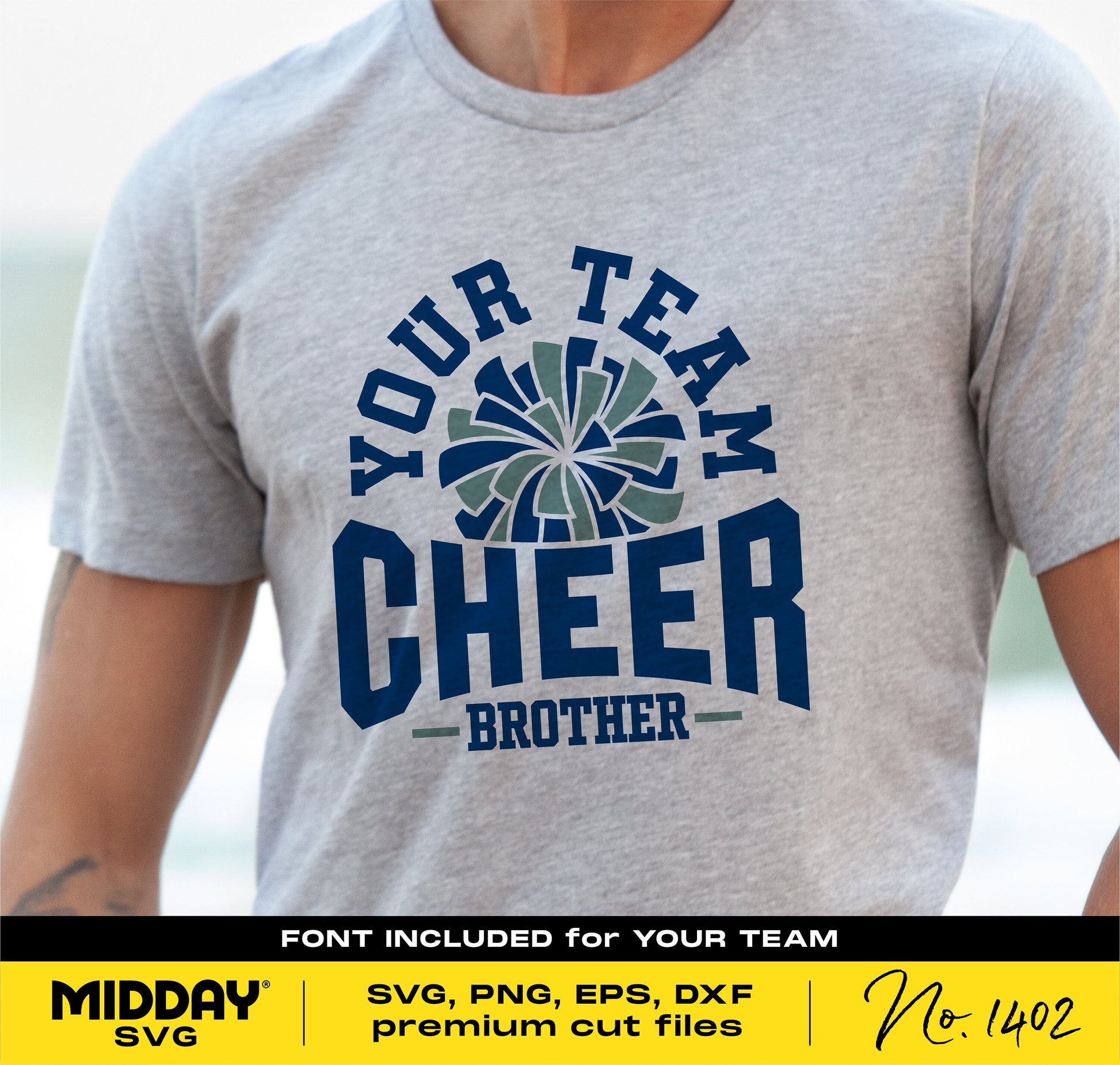 Gray t-shirt featuring 'Your Team Cheer Brother' text with pom pom illustration, ideal for Cricut and Silhouette cutting designs.