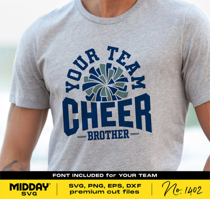 Gray t-shirt featuring 'Your Team Cheer Brother' text with pom pom illustration, ideal for Cricut and Silhouette cutting designs.