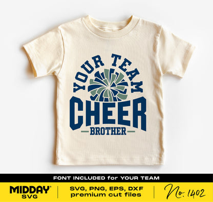 Cheer Brother shirt design with pom pom graphic, includes SVG, PNG, EPS, DXF files; perfect for Cricut and Silhouette projects.