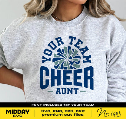 Sweater with 'Cheer Aunt' design and pom-pom graphic, perfect for cheerleading aunts. Includes SVG, PNG, EPS, and DXF files.
