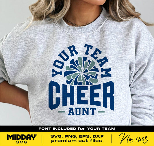 Sweater with 'Cheer Aunt' design and pom-pom graphic, perfect for cheerleading aunts. Includes SVG, PNG, EPS, and DXF files.