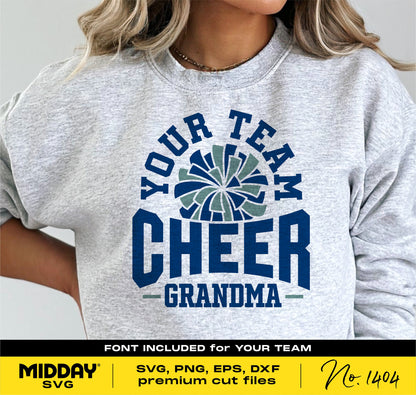 Cheer Grandma sweatshirt with pom pom design in blue, available as SVG, PNG, EPS, DXF for Cricut and Silhouette projects.