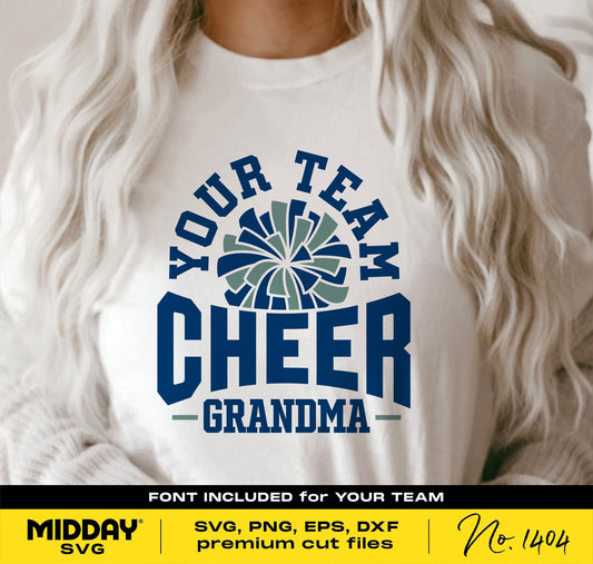 Cheer Grandma shirt with pom pom design in SVG, PNG, DXF, EPS formats for Cricut and Silhouette crafting.
