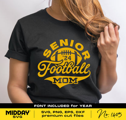 Senior Football Mom shirt design in black with gold text, includes SVG, PNG, DXF, EPS formats for Cricut and sublimation projects.