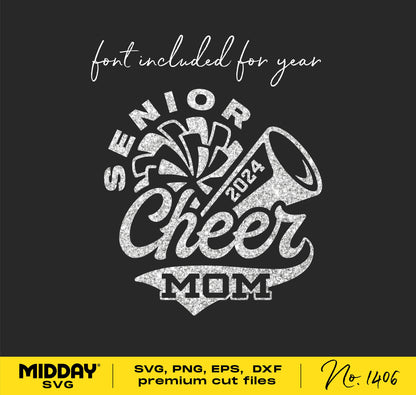 Senior Cheer Mom 2024 design in glitter effect with cheerleading elements, suitable for Cricut and Silhouette cutting machines.