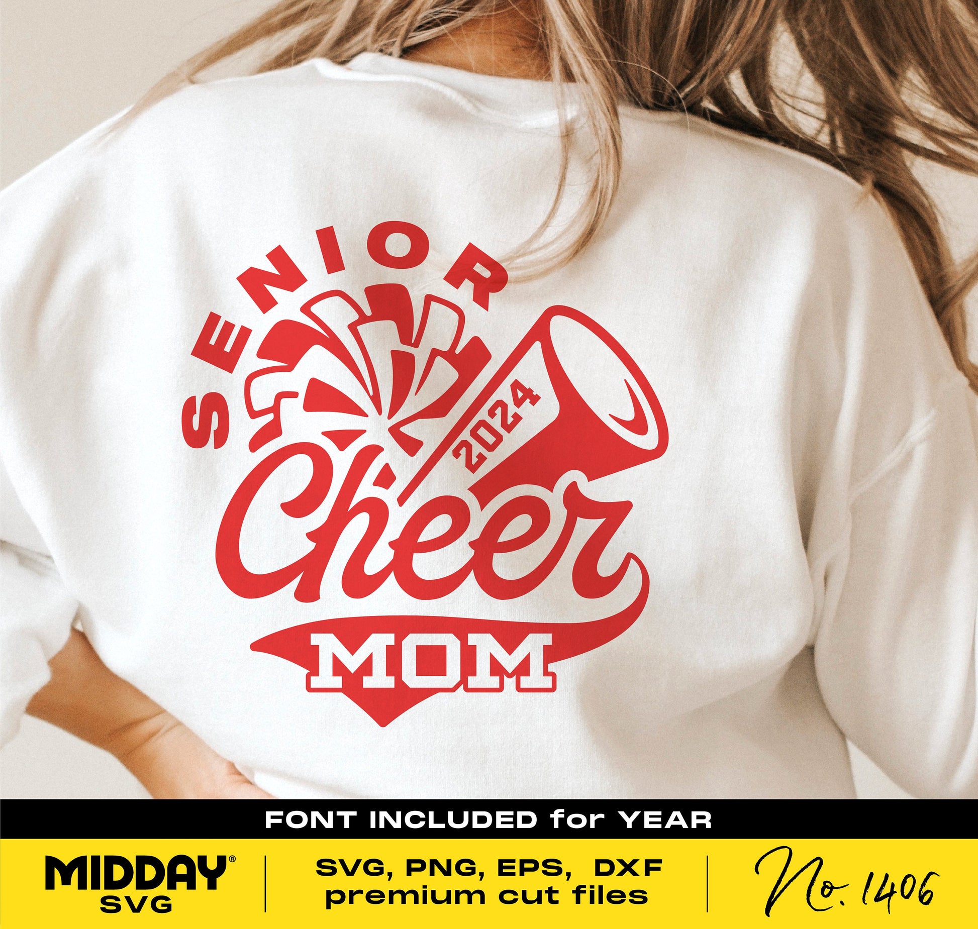 White shirt with red 'Senior Cheer Mom 2024' design, featuring cheerleading megaphone and pom-poms. SVG, PNG, EPS, DXF formats.