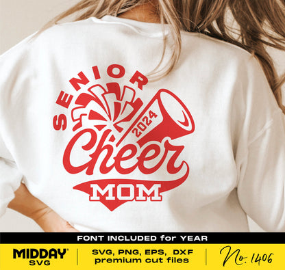 White shirt with red 'Senior Cheer Mom 2024' design, featuring cheerleading megaphone and pom-poms. SVG, PNG, EPS, DXF formats.