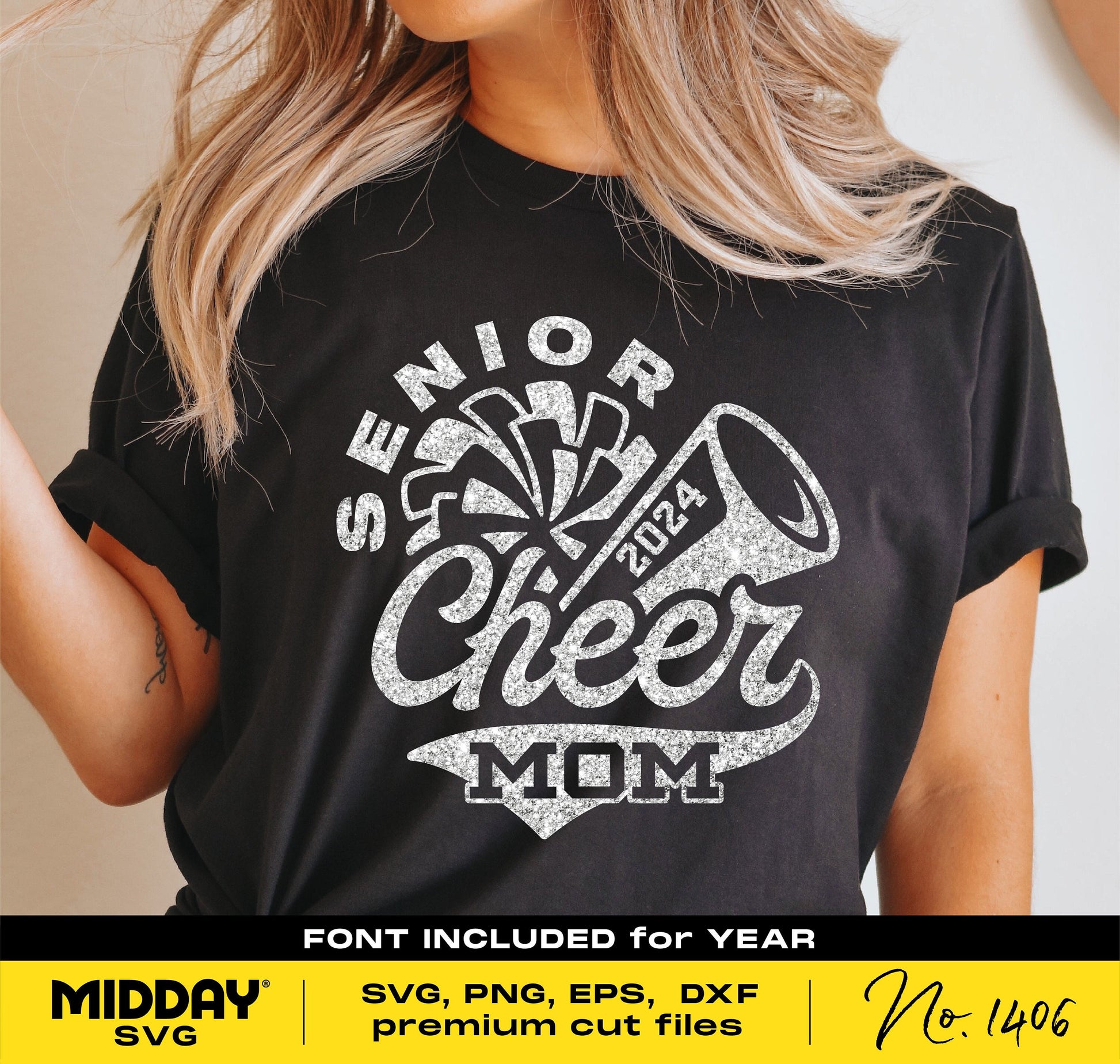 Senior Cheer Mom 2024 shirt design in black with SVG, PNG, EPS, DXF formats for Cricut and Silhouette. Perfect for cheerleader moms.
