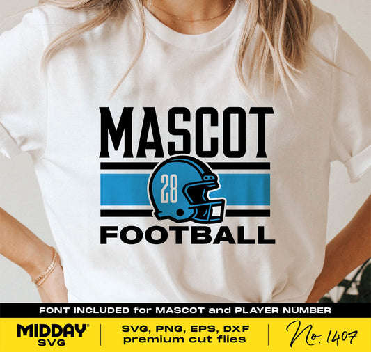 White t-shirt with football helmet design, reading 'Mascot Football', ideal for team shirts, includes font for customization.