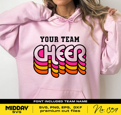 Person wearing pink hoodie featuring retro cheer design with text 'Your Team Cheer', SVG PNG EPS DXF formats included, No. 1357