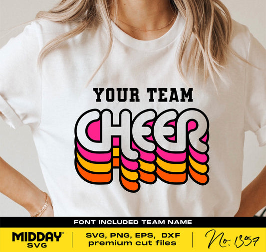 White shirt with retro 'Your Team Cheer' design in pink, orange, and black. Includes SVG, PNG, EPS, DXF files for customization.