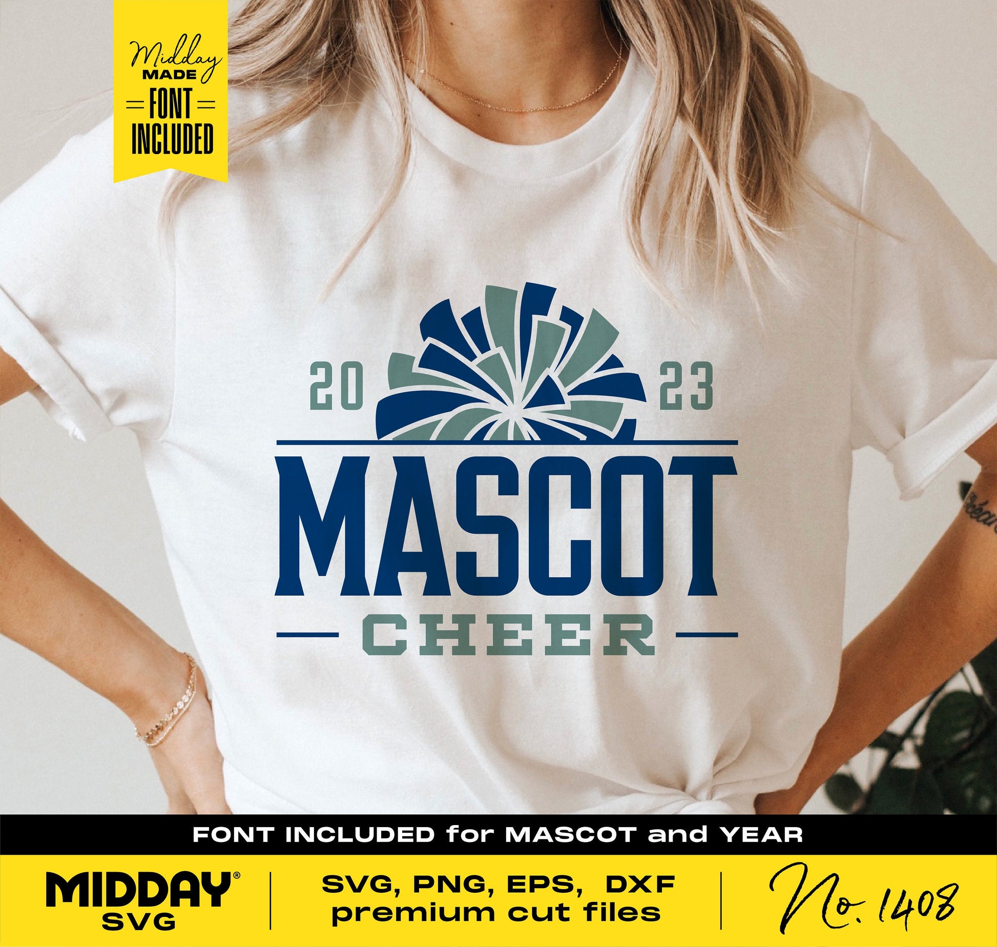 Cheer team shirt design template featuring 'Mascot Cheer 2023', suitable for Cricut and Silhouette, includes SVG, PNG, EPS, DXF formats.