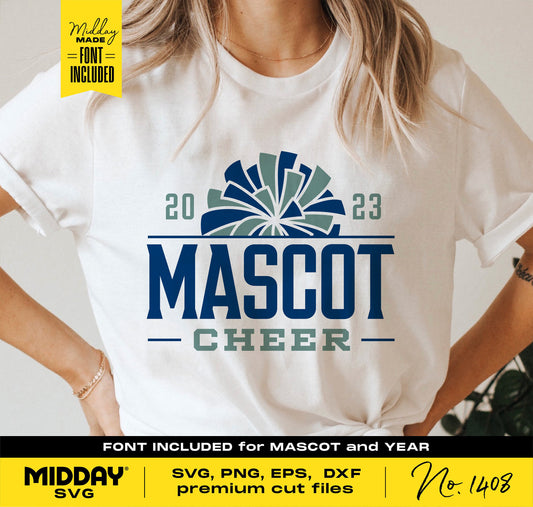 Cheer team shirt design template featuring 'Mascot Cheer 2023', suitable for Cricut and Silhouette, includes SVG, PNG, EPS, DXF formats.